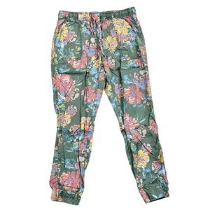 Nicole Miller Lyocell Green Floral Drawstring Jogger Pants Pockets Medium